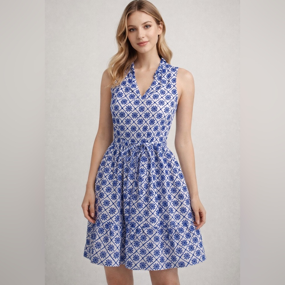 Draper James RSVP Embroidery Fit Flare Dress XS Blue‎ White Pockets